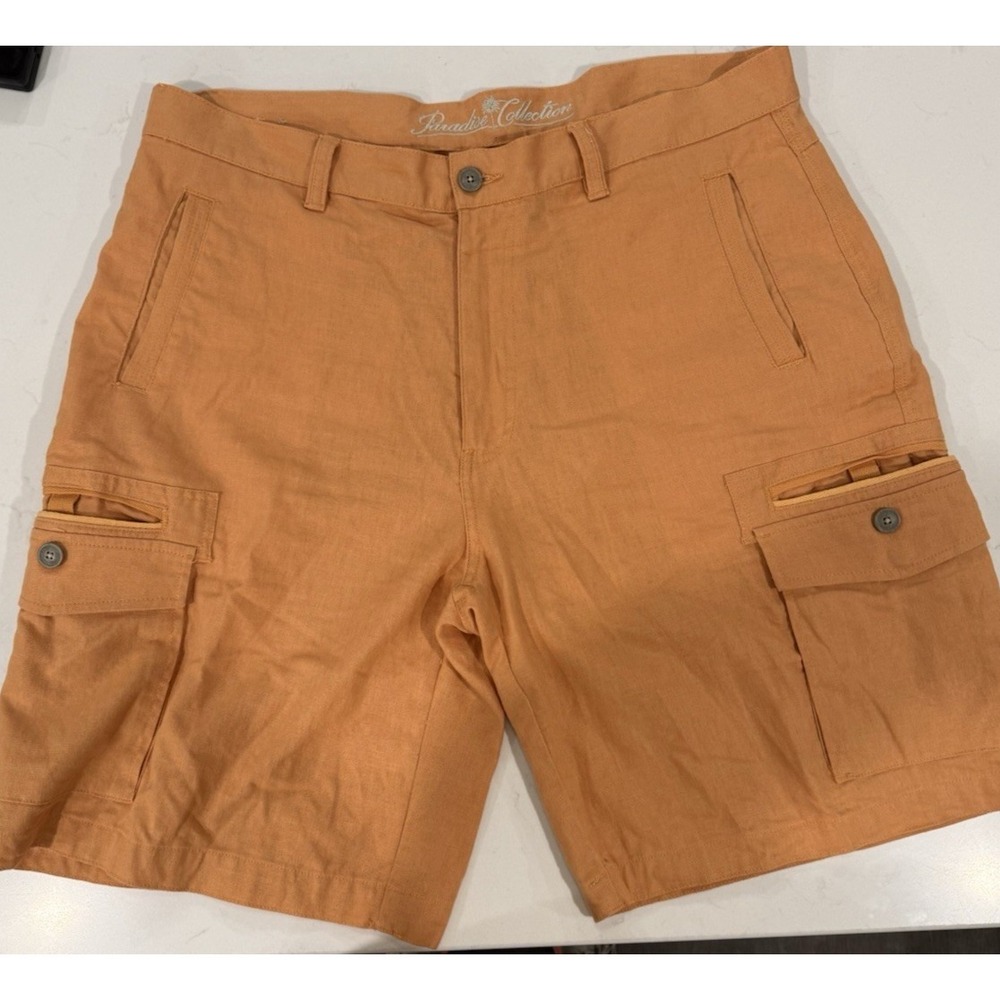 Paradise Collection Men's Cargo Shorts Tangerine Size 38 Linen Cotton Blend EUC